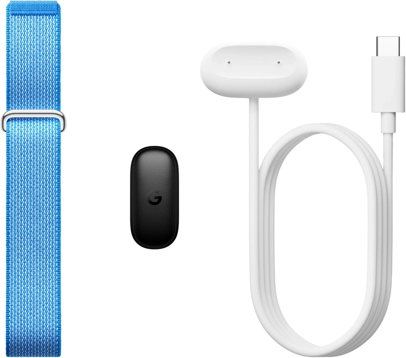 Ein blauer Armband, schwarzer Anhänger und weißes Ladekabel