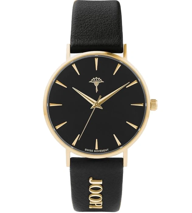 Schwarzes Joop Zifferblatt mit goldenen Zeigern und Logo