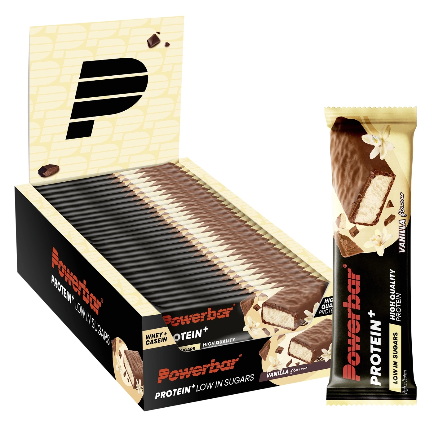 Powerbar Proteinriegel in Vanillegeschmack in einer Schachtel.