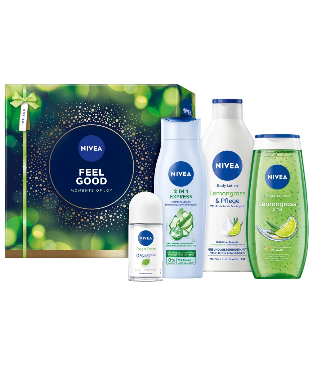Nivea Geschenkset mit Duschgel, Bodylotion, Shampoo und Deo.
