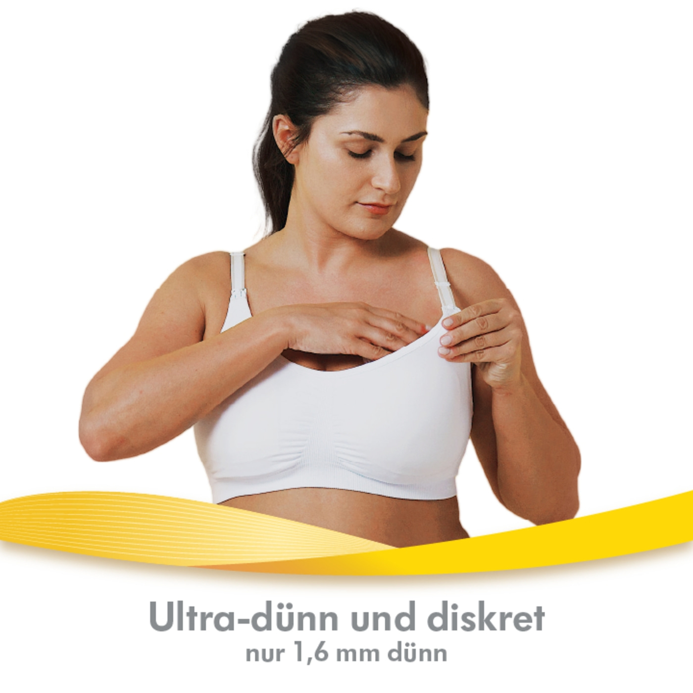 Frau in weißem Still-BH, Text: Ultra-dünn und diskret, nur 1,6 mm dünn