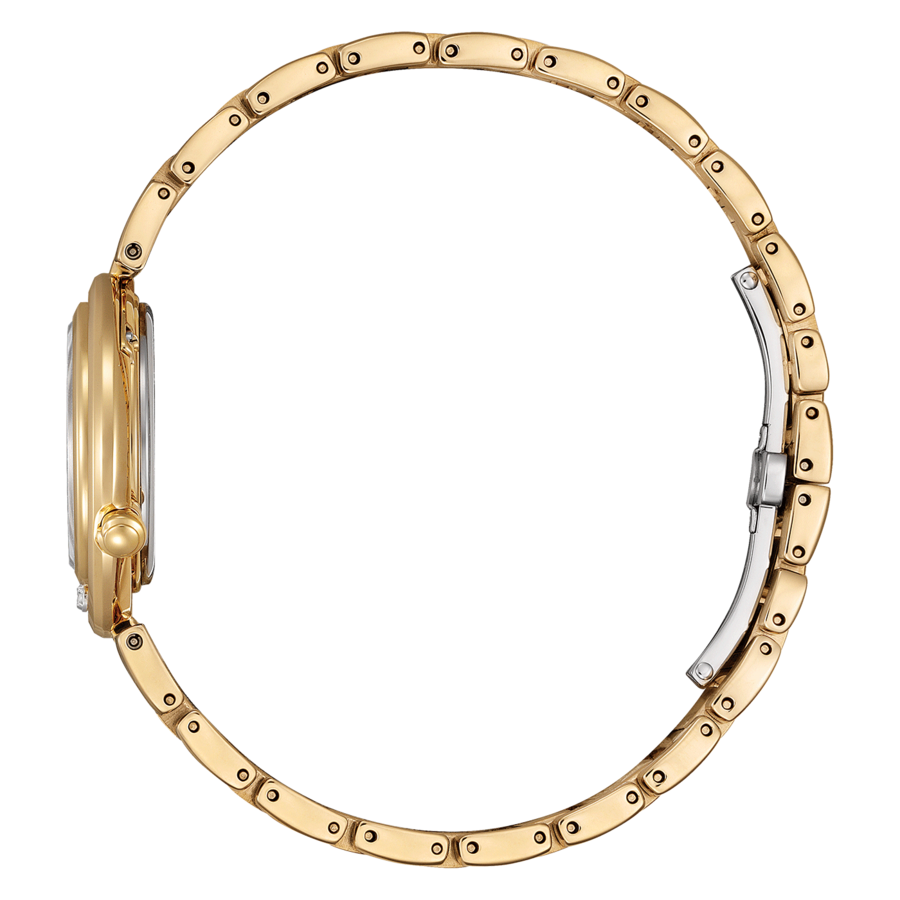 Goldene Damenuhr mit goldenem Armband, Seitenansicht, Nahaufnahme, isoliert