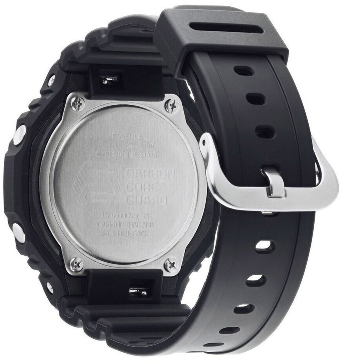 Rückseite einer schwarzen Casio G-Shock Uhr mit Metallboden und schwarzem Armband.