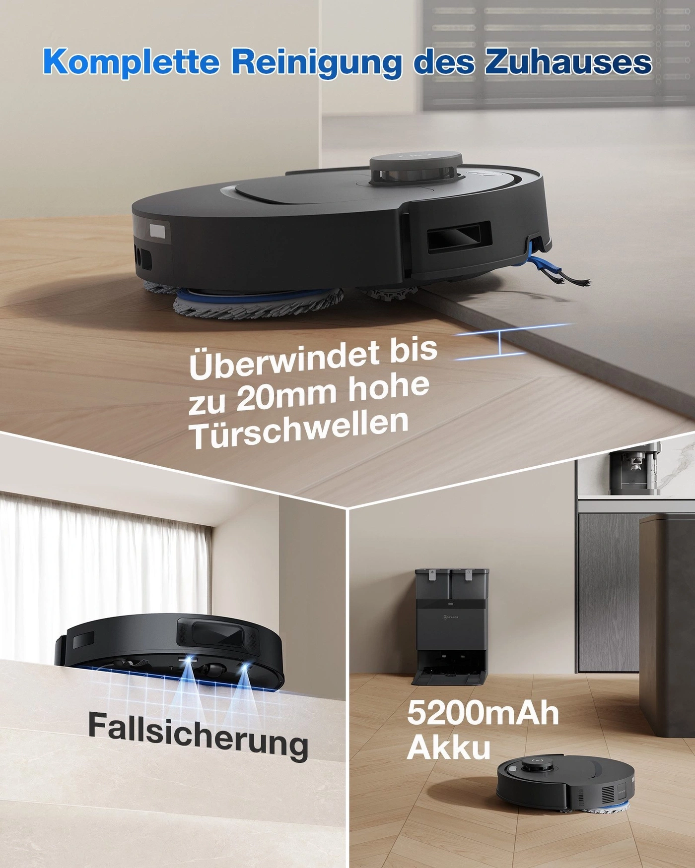 Ein Saugroboter überwindet Türschwellen und hat eine Fallversicherung und einen 5200mAh Akku.