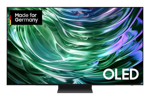 OLED-Fernseher mit Made for Germany-Logo und abstraktem Hintergrund