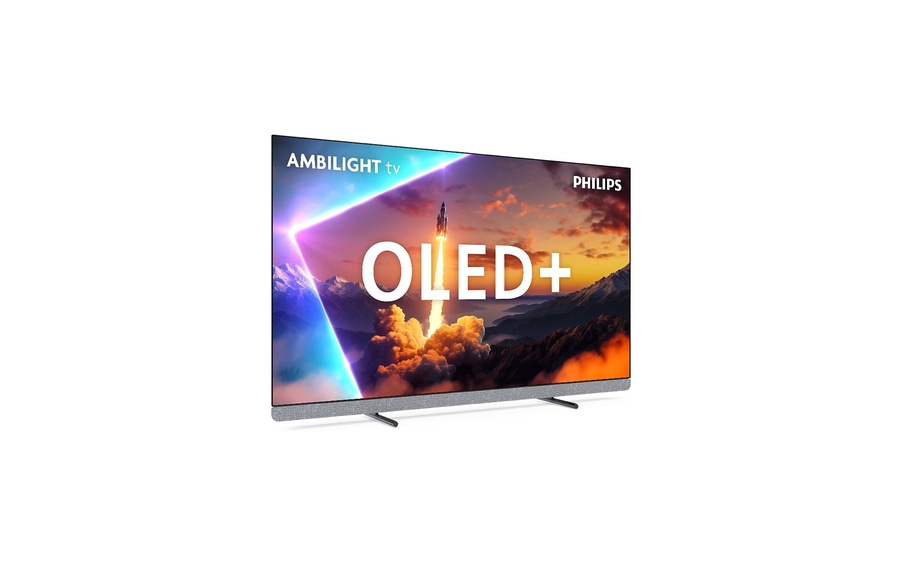 Philips OLED+ Fernseher mit Ambilight-Technologie und Raketen-Hintergrund