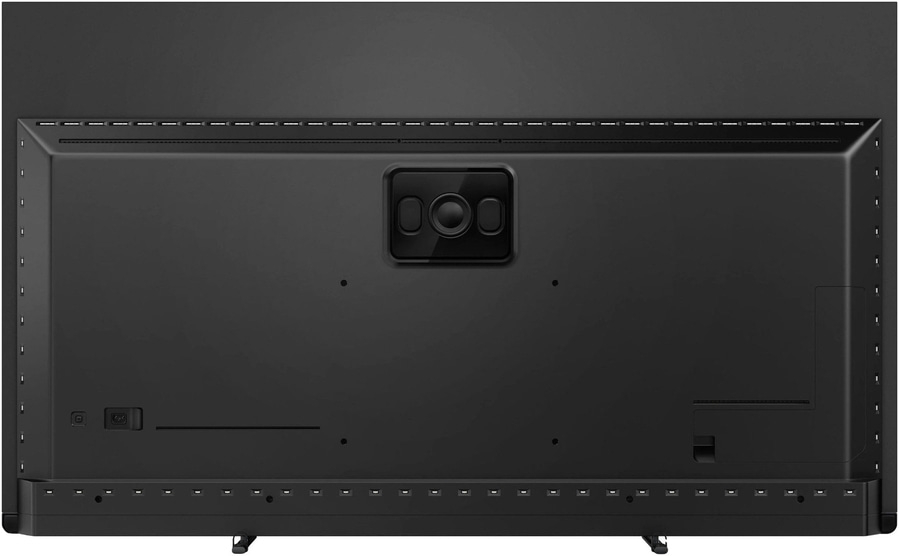 Rückseite eines schwarzen Fernsehers mit Anschlüssen und Halterungen für die Wandmontage.