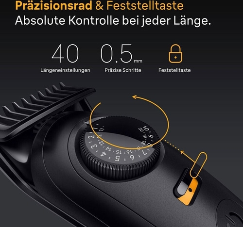 Haarschneider mit Präzisionsrad und Feststelltaste für absolute Kontrolle bei jeder Länge.