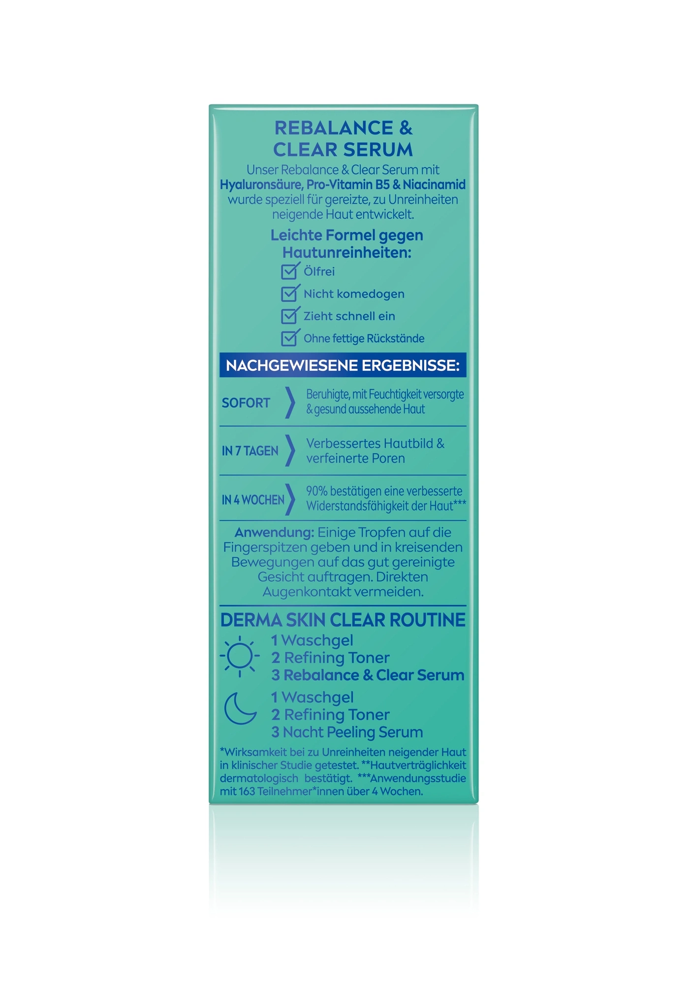 Verpackung mit Hautpflegeprodukten und Anwendungshinweisen.