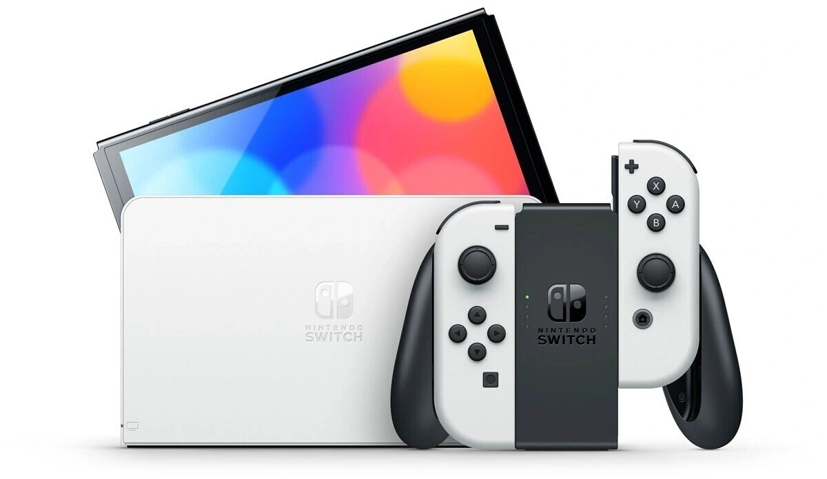 Nintendo Switch Konsole mit weißen und schwarzen Joy-Cons und Bildschirm