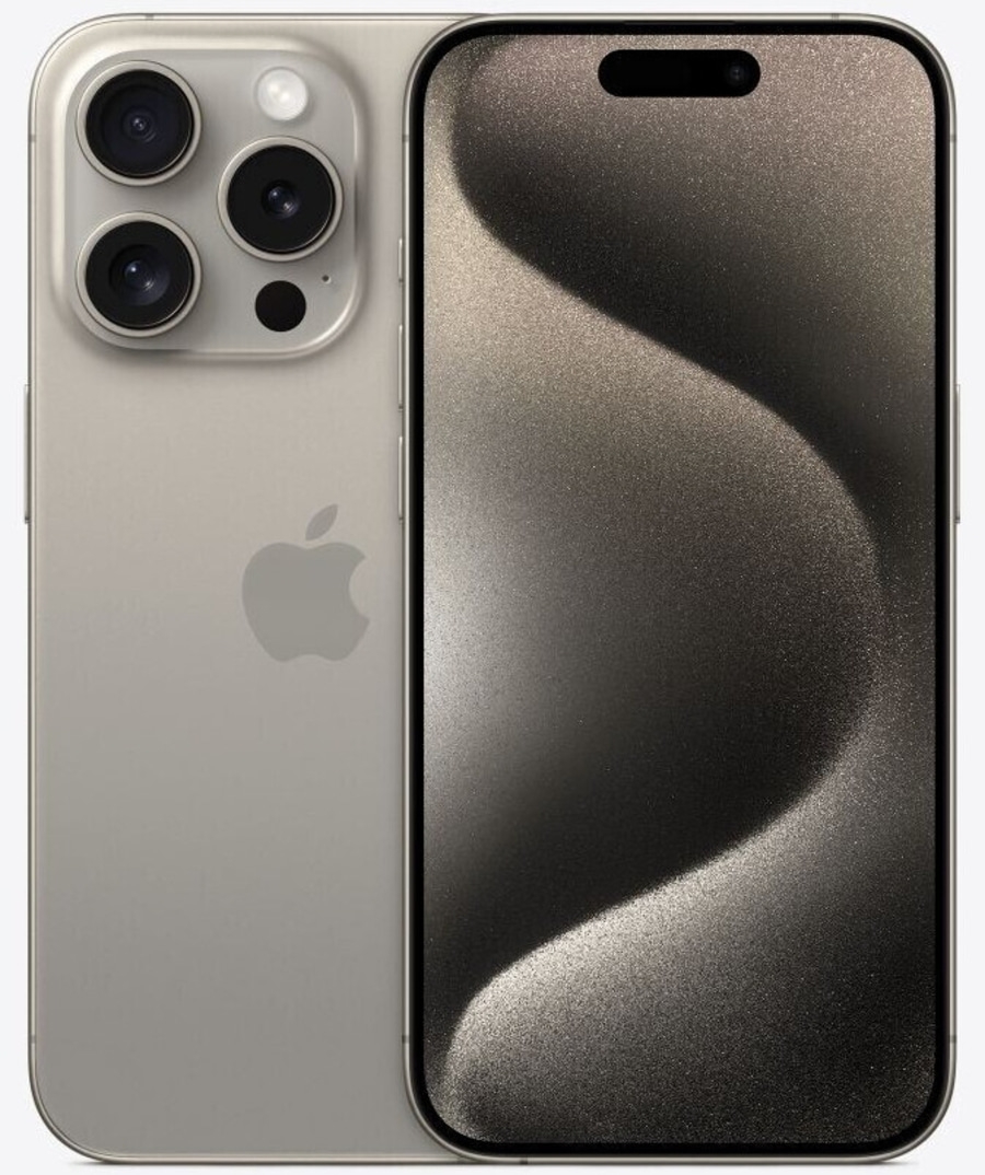 Graues iPhone mit vier Kameras und einem schwarzen Bildschirm, Apple Logo