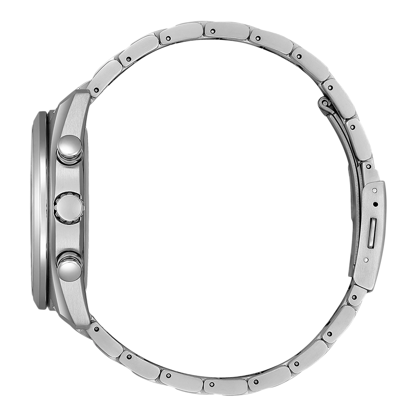 Eine Nahaufnahme eines silbernen Armbanduhren-Armbands mit einem stilvollen Gliederarmband