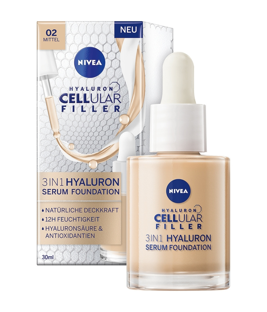 Nivea Cellular Filler Serum Foundation, 3in1, Mittel, 02, Neu, Hyaluron