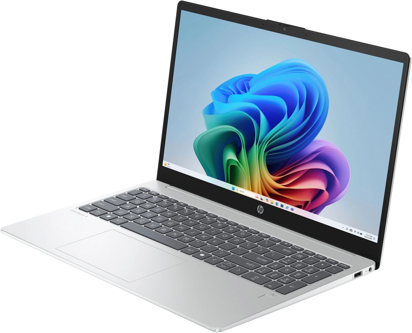 Ein silberner HP OmniBook 3 Laptop mit Windows 11 und einer bunten Hintergrundgrafik.