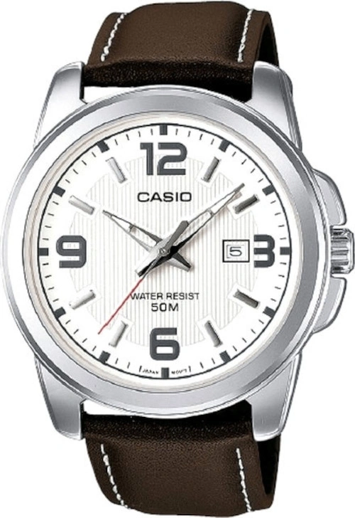Eine weiße Casio-Uhr mit braunem Lederarmband