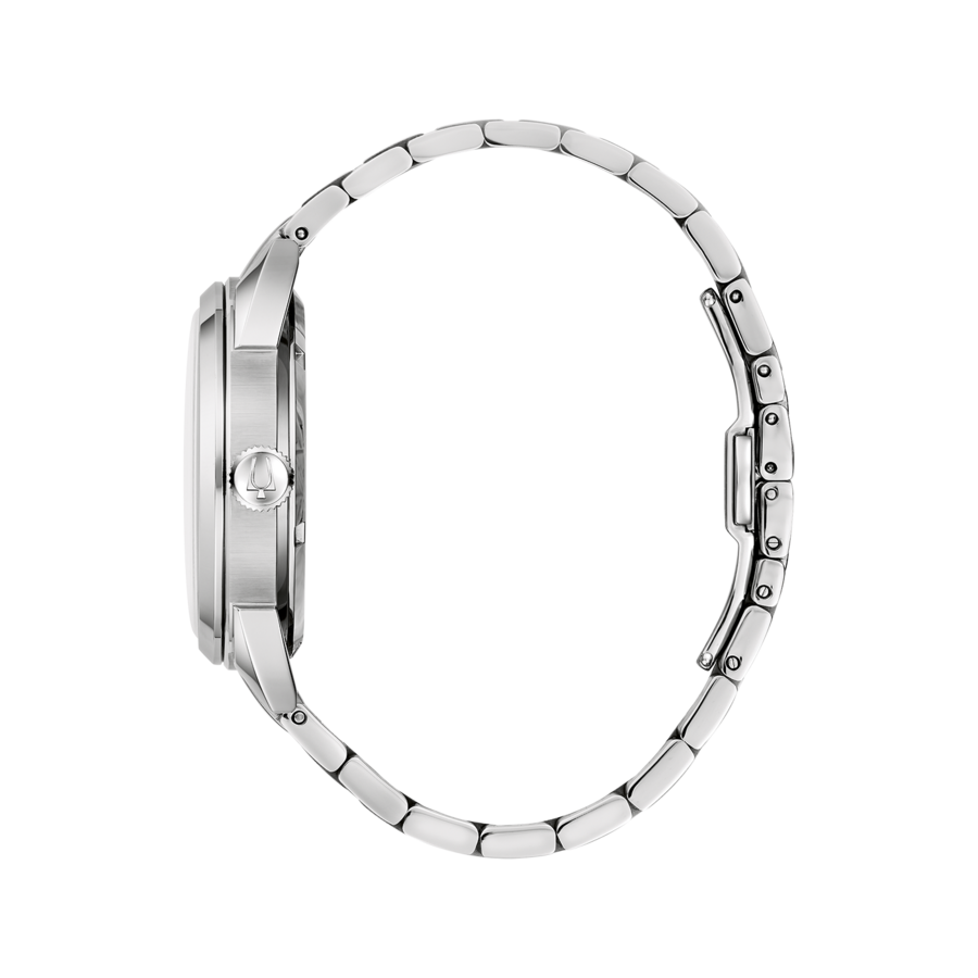 Seitenansicht einer silbernen Armbanduhr mit Metallarmband und rundem Zifferblatt