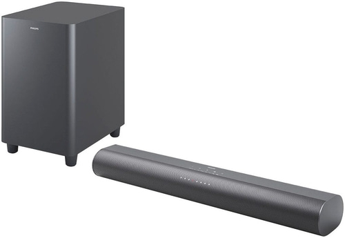 Ein grauer Philips Subwoofer und eine Soundbar auf weißem Hintergrund