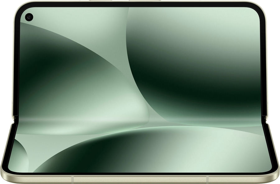 Ein aufgeschlagenes Smartphone mit einem grünen Hintergrundbild und einer Kamera.