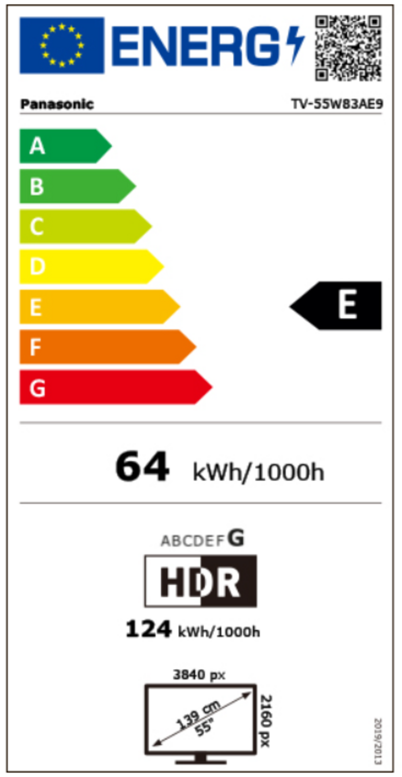Energieeffizienzlabel für Panasonic TV, Energieklasse E, 64 kWh/1000h, HDR.