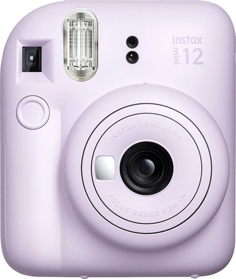 Lila Instax Mini 12 Kamera mit Blitz und Objektiv, Nahaufnahme