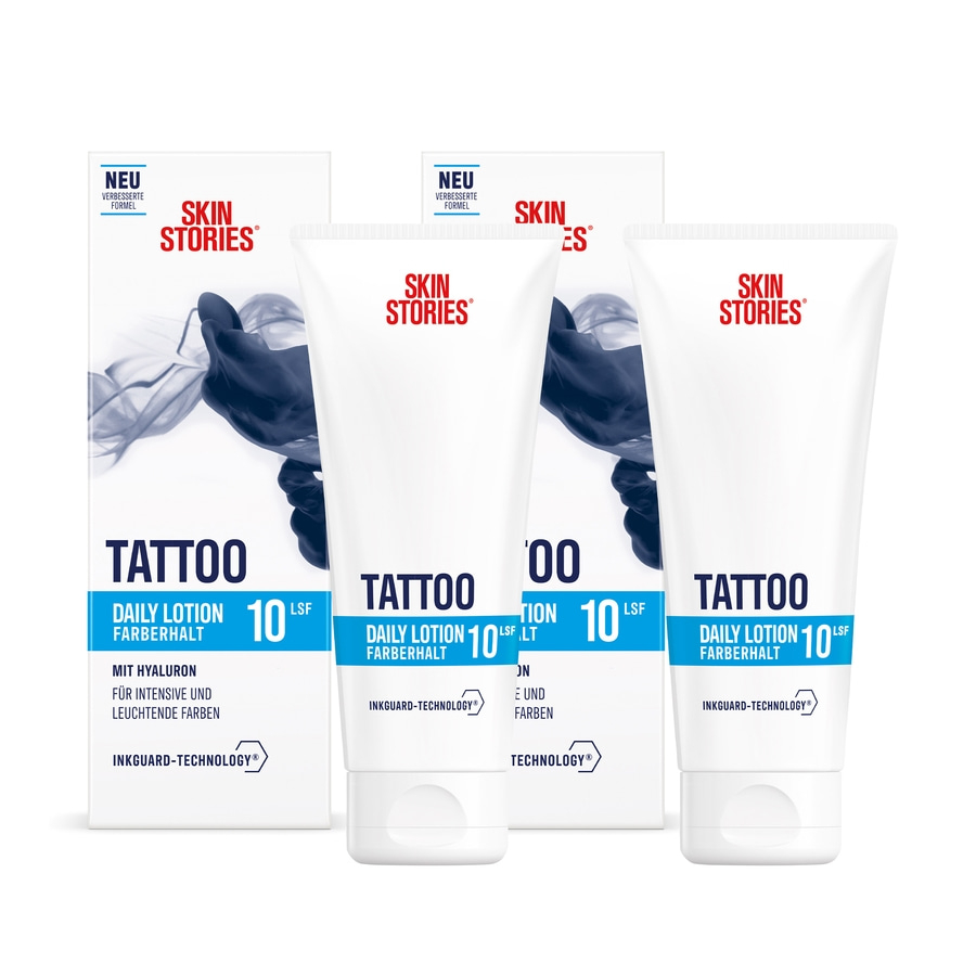 Tattoo-Lotionen von Skin Stories mit LSF 10 für intensive und leuchtende Farben.