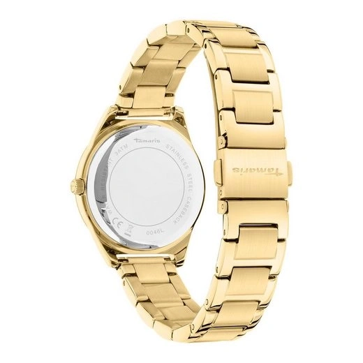 Goldene Damenuhr mit Gravur auf dem Armband und Gehäuseboden