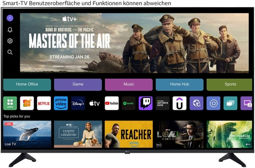 Smart-TV-Oberfläche mit Apps, Filmen und Streaming-Diensten wie Netflix und Prime Video.
