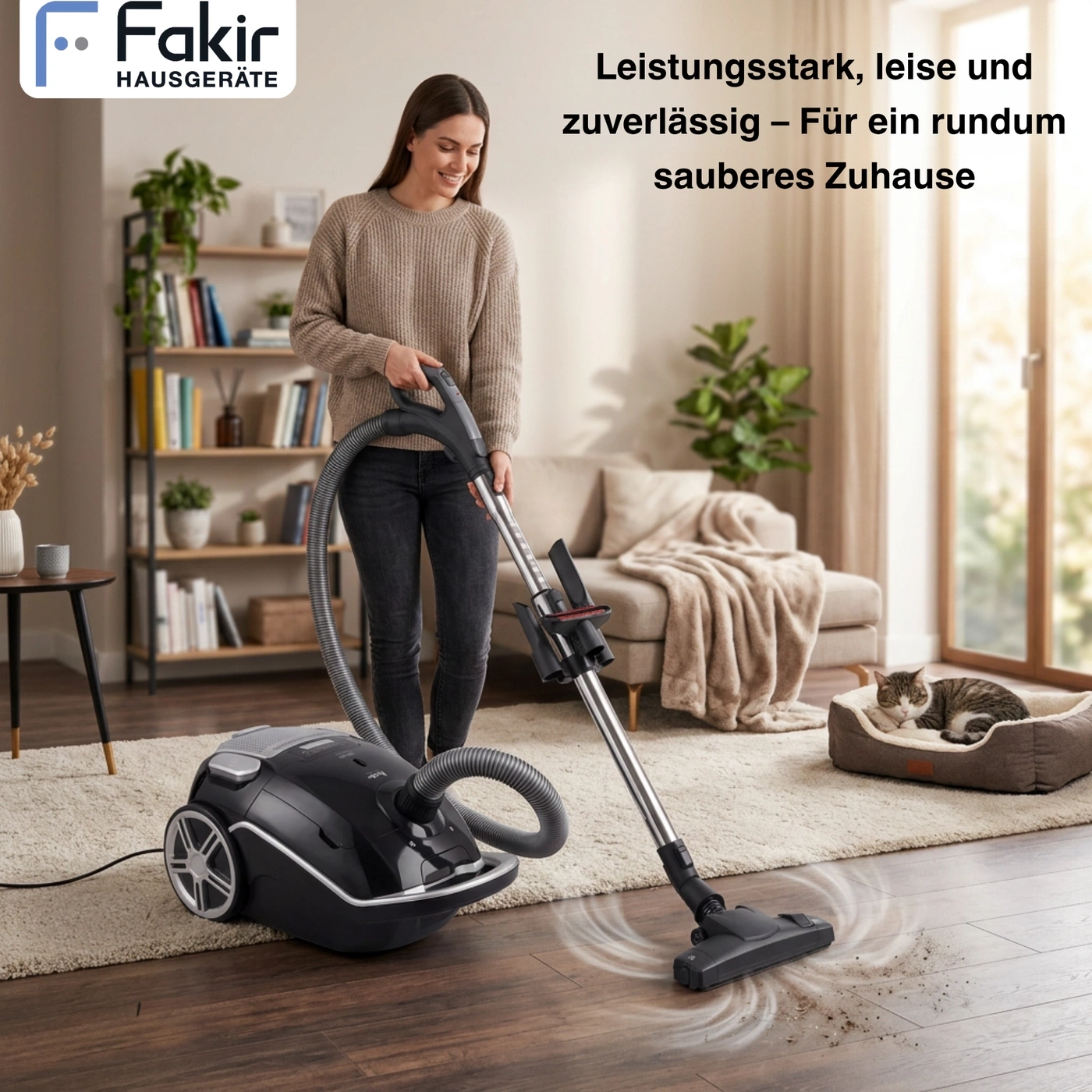 Eine Frau reinigt den Boden mit einem Staubsauger, während eine Katze schläft.
