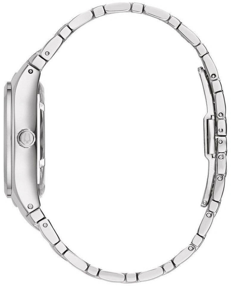 Seitenansicht einer silbernen Damenuhr mit Armband und rundem Zifferblatt