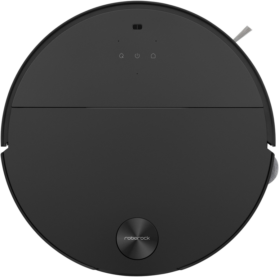 Schwarzer Saugroboter mit Roborock-Logo und Bedienelementen.
