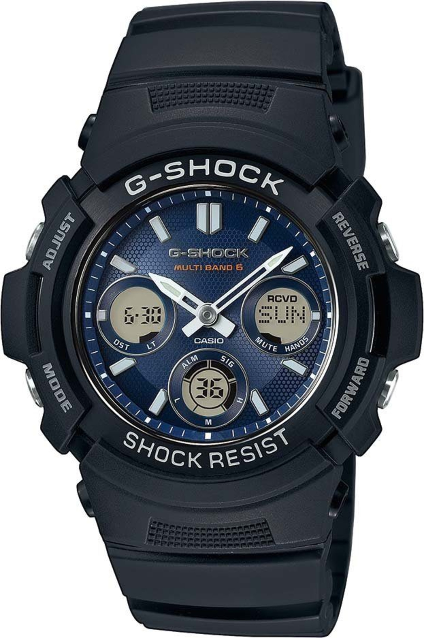 Schwarze G-Shock Uhr mit blauem Zifferblatt und digitalen Anzeigen.