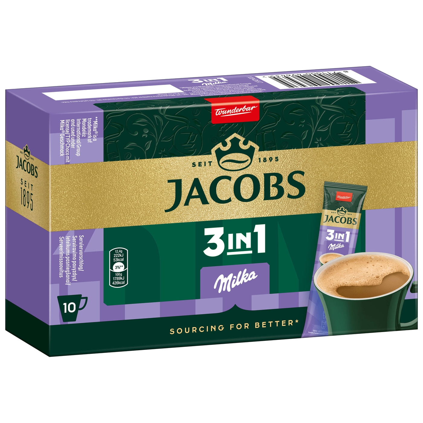 Jacobs 3in1 Milka Kaffee-Packung mit 10 Beuteln, lila und goldfarben