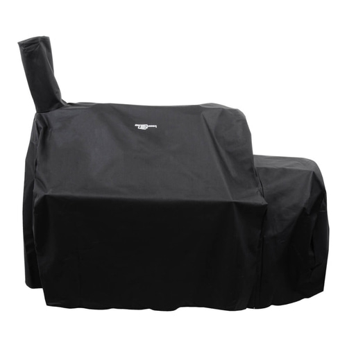 Schwarze Grillabdeckung, die einen Grill schützt, mit dem Logo