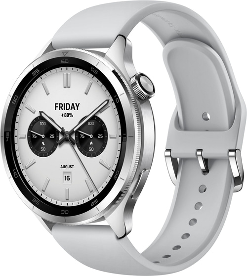 Ein weißes Smartwatch-Zifferblatt mit silbernem Gehäuse und weißem Armband