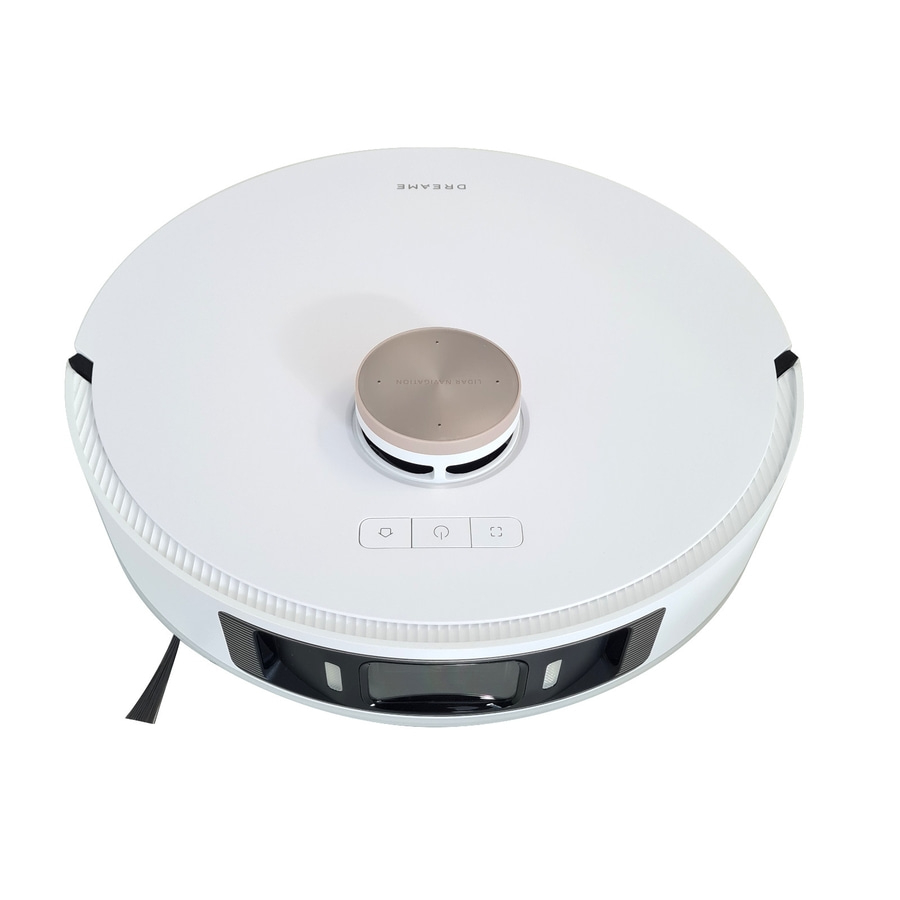 Weißer Roboter-Staubsauger mit LIDAR-Navigation und Dreame-Logo, isoliert auf weißem Hintergrund.
