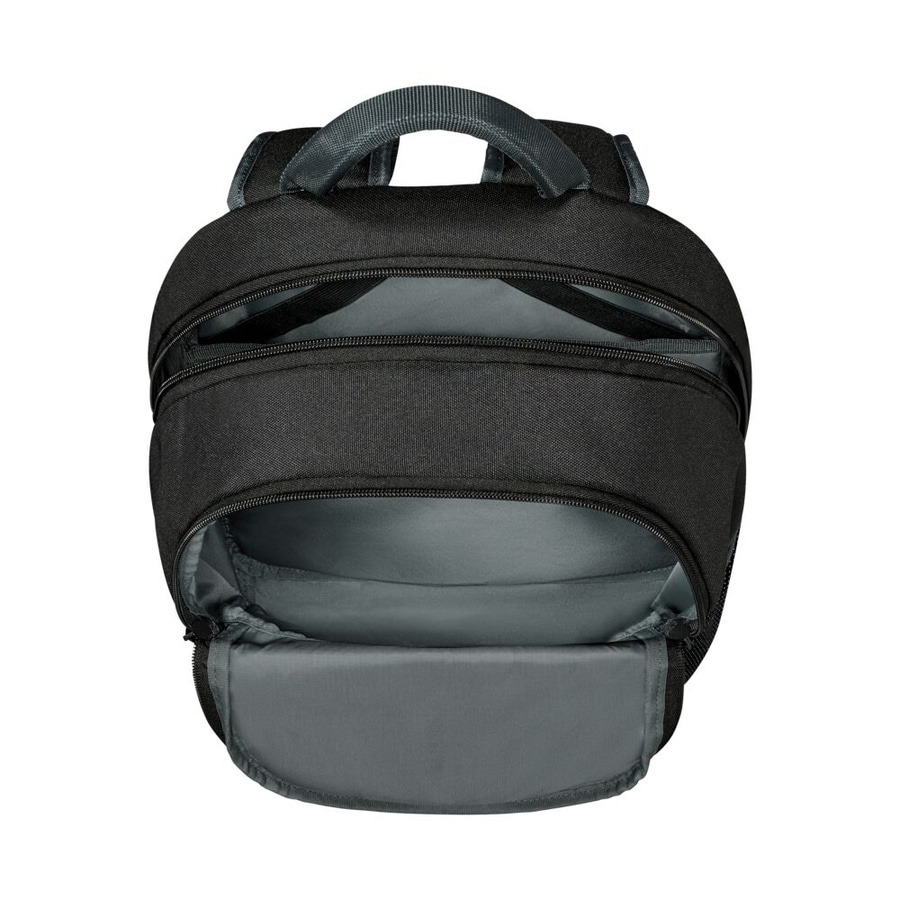 Schwarzer Rucksack mit offenem Reißverschluss, graues Innenfutter, Tragegriff, Textil