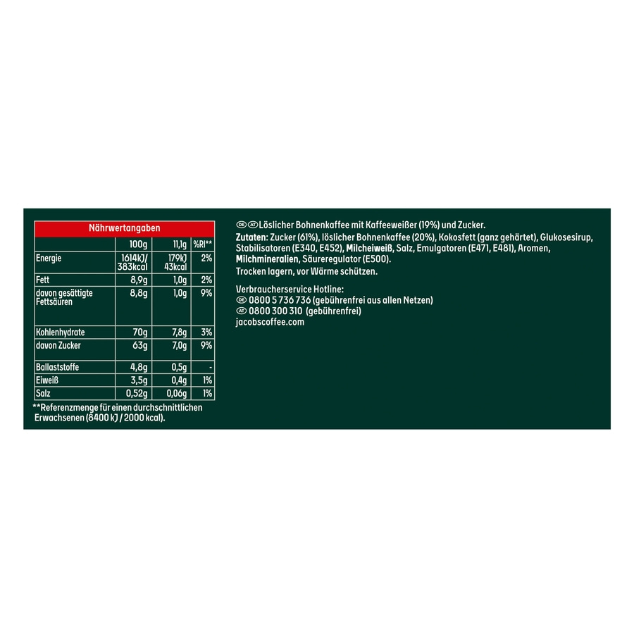 Nährwertangaben und Zutaten des löslichen Bohnenkaffees mit Kaffeeweißer
