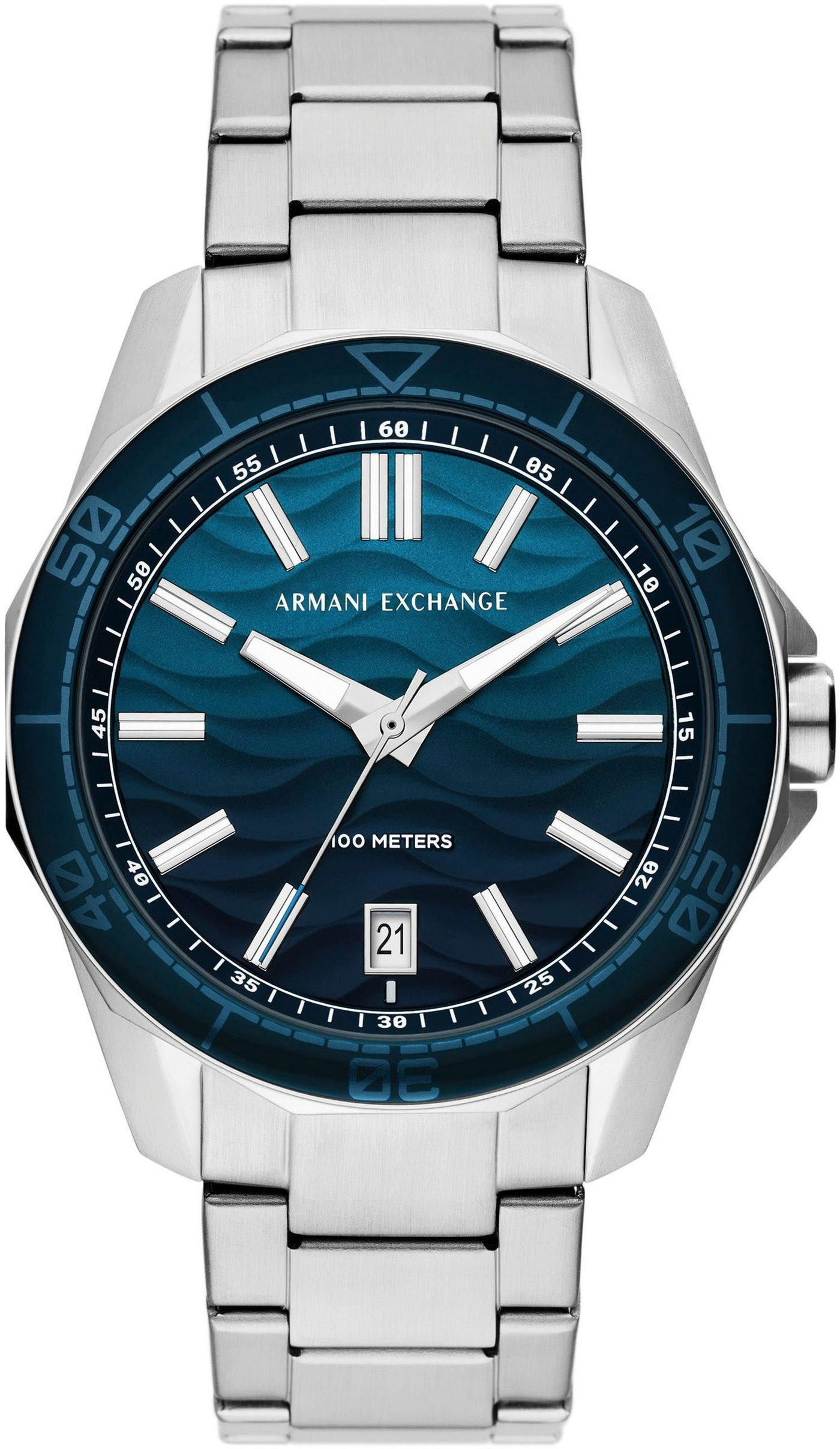 Armani Exchange Uhr mit blauem Zifferblatt und silbernem Armband