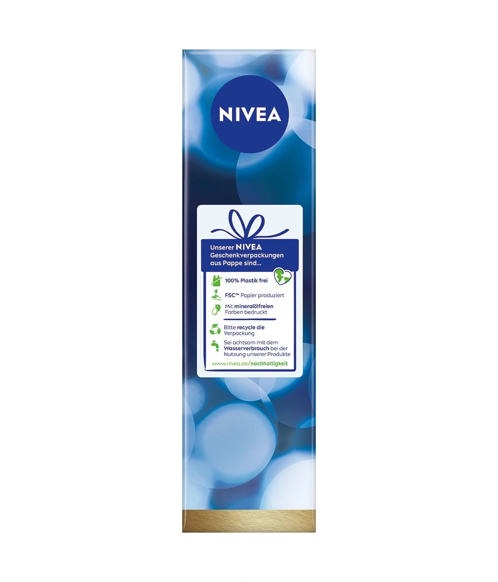Nivea Geschenkverpackung aus Pappe mit Nachhaltigkeitsinformationen.
