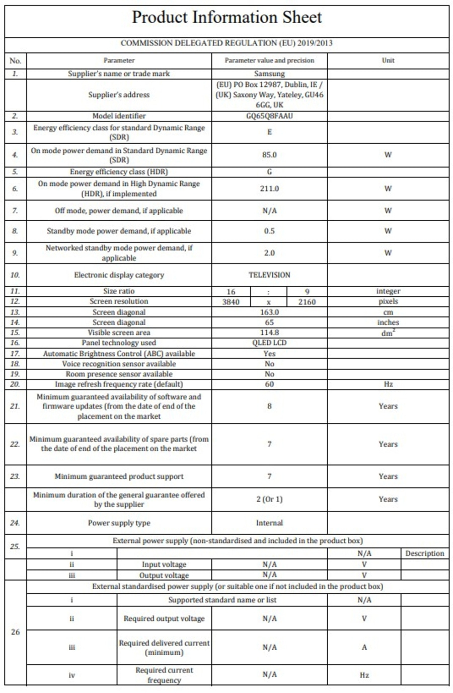 SAMSUNG GQ65Q8FAAU QLED-Fernseher 4K UHD 50 Hz Smart-TV AI TV B-WARE