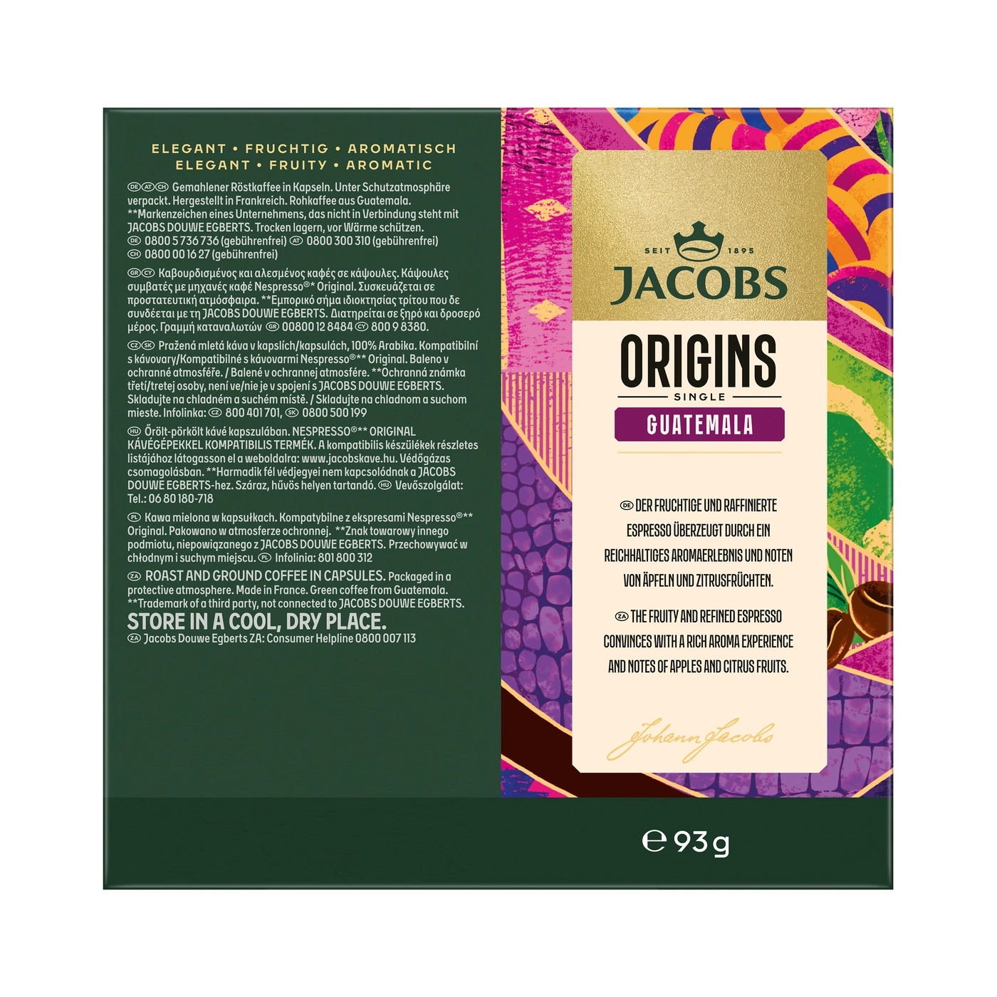 Jacobs Origins Guatemala Kaffee, verpackt in Kapseln, verpackt in Schutzatmosphäre.