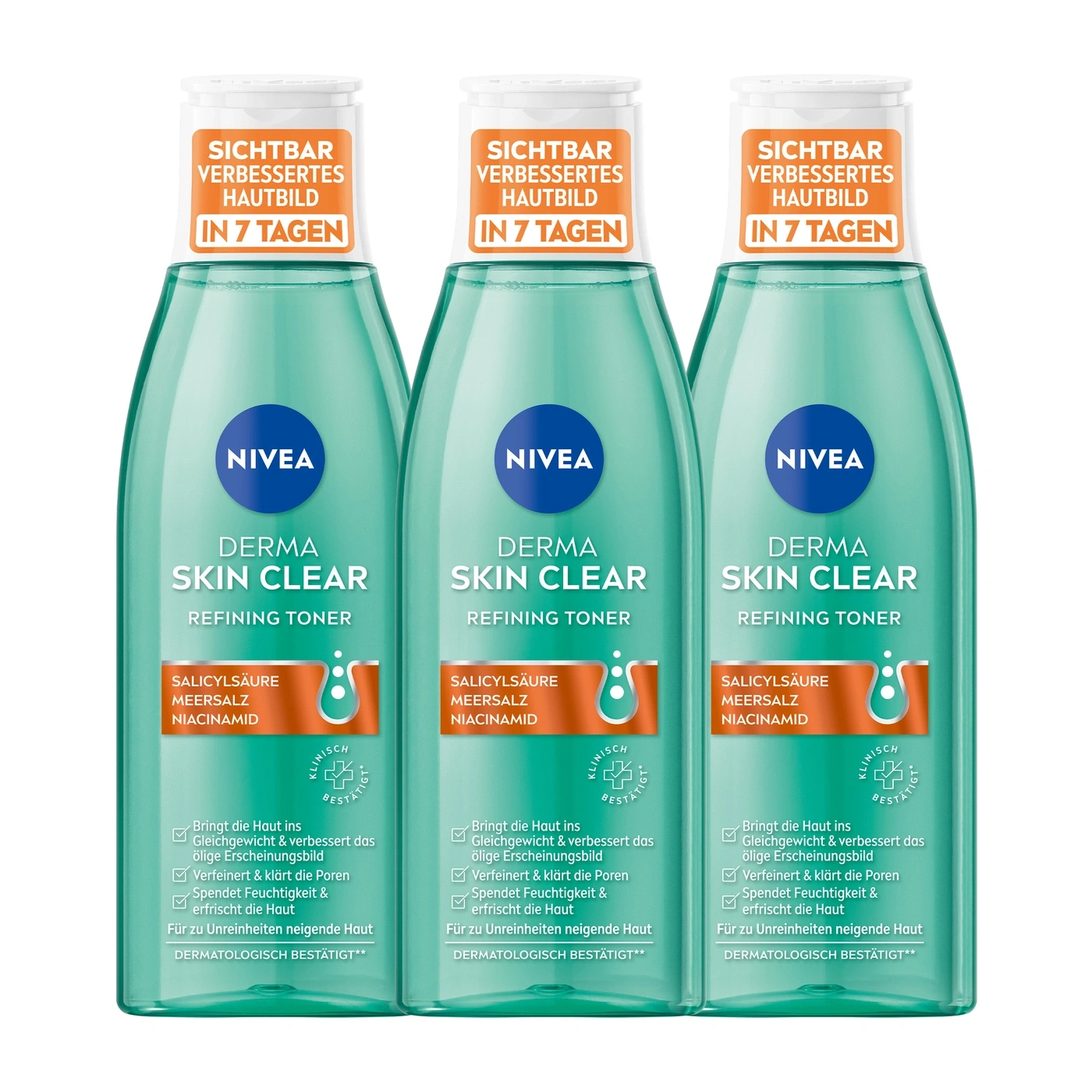 Drei Flaschen Nivea Derma Skin Clear Refining Toner, Hautbild verbessert in 7 Tagen.