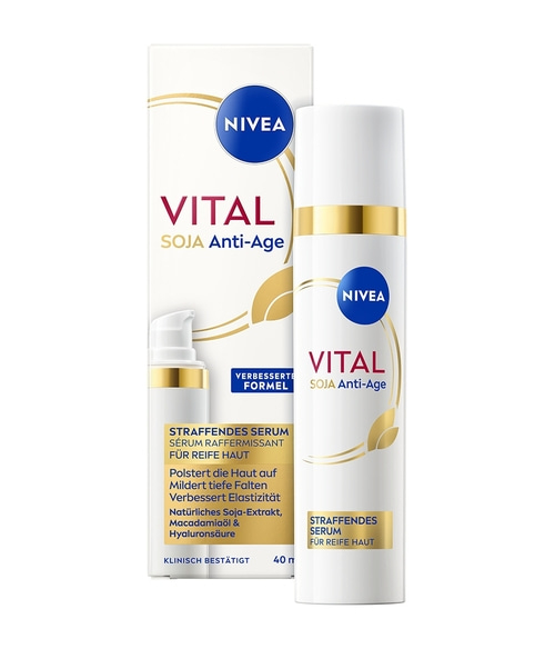 Nivea Vital Soja Anti-Age Straffendes Serum mit Pumpzerstäuber und Kartonverpackung.