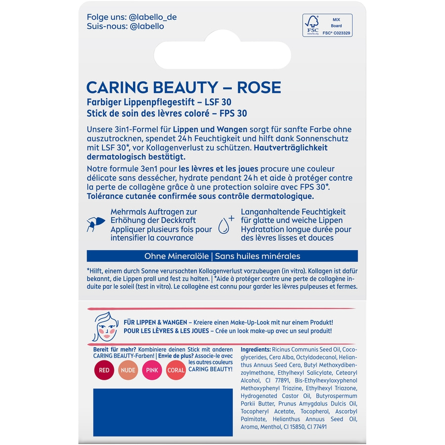 Farbiger Lippenpflegestift mit LSF 30 in der Nuance Rose.