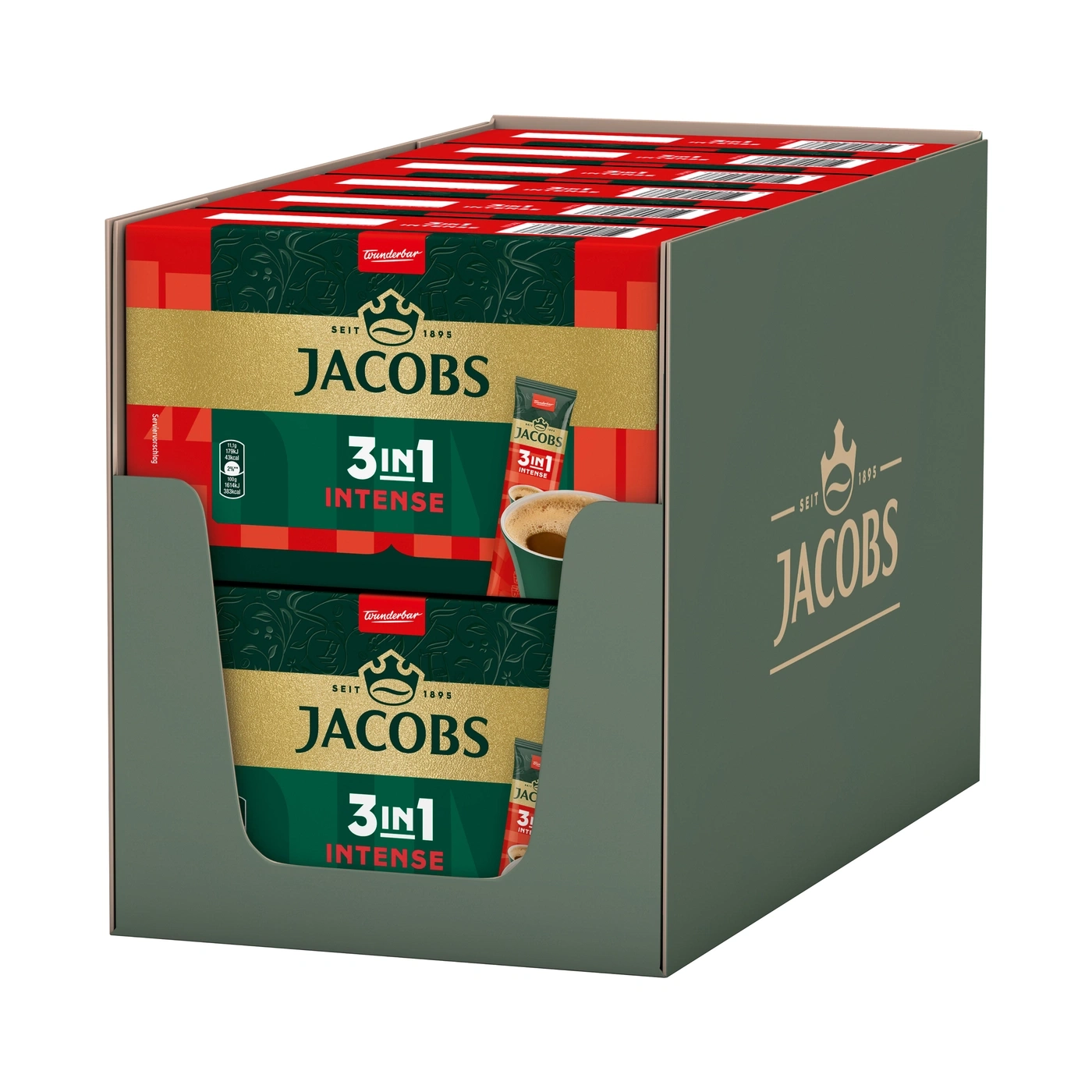 Karton mit Jacobs 3in1 Intense Kaffeepulverpäckchen