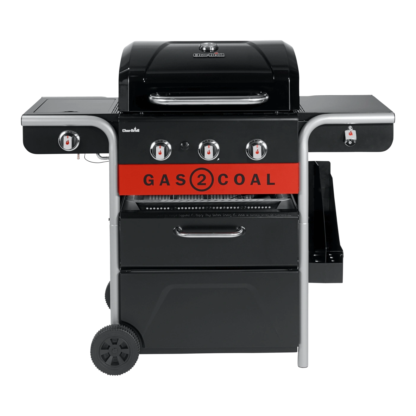Schwarzer Gasgrill mit rotem Akzent und der Aufschrift GAS 2 COAL.