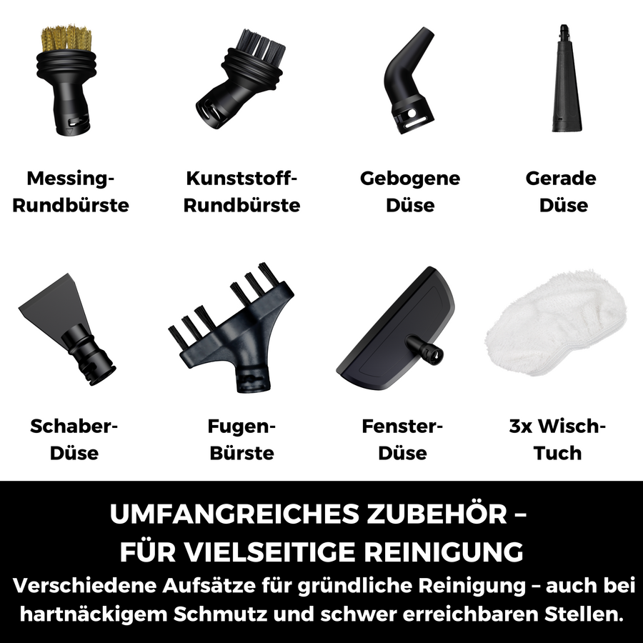 Verschiedene Zubehörteile für die Dampfreinigung werden gezeigt.