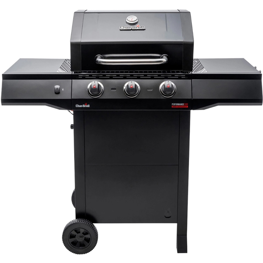 Schwarzer Gasgrill mit drei Knöpfen und Rädern, Char-Broil Performance