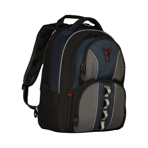 Blauer und grauer Rucksack mit roten Reißverschlüssen und weißem Muster, Nahaufnahme