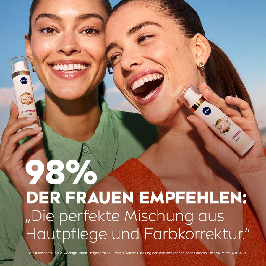 Zwei Frauen mit Nivea-Produkt, 98% empfehlen Hautpflege und Farbkorrektur.